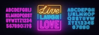 Canlı kahkaha aşk neon alıntı tuğla duvar arka planda.