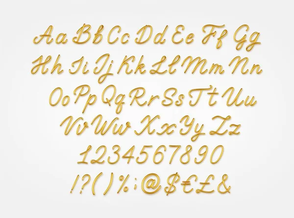 Guld 3D realistiskt kapital och gemener bokstäver, siffror, symboler och valutatecken isolerade på en ljus bakgrund. — Stock vektor