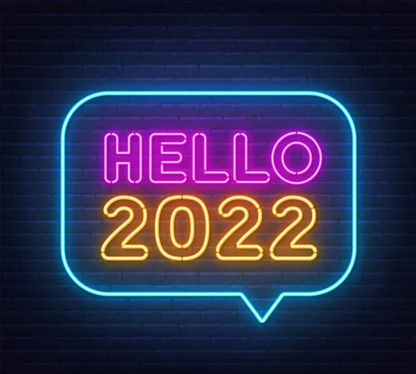 Hola cartel de neón 2022 sobre un fondo de pared de ladrillo. — Vector de stock