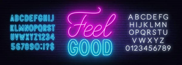 Feel Good Neon Schriftzug auf Backsteinwand Hintergrund. — Stockvektor