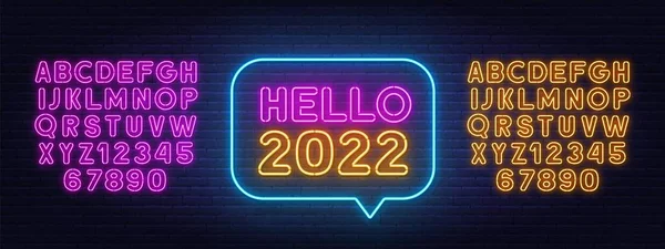 Hello 2022 neon sign on a brick wall background. — Stock Vector