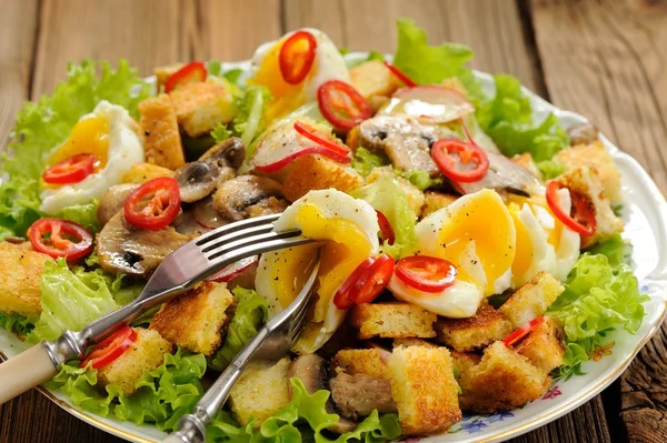 Salad Caesar with mushrooms, eggs, chili and radish with two for — Stock Image Salad Caesar with mushrooms, eggs, chili and radish with two for Stock Picture