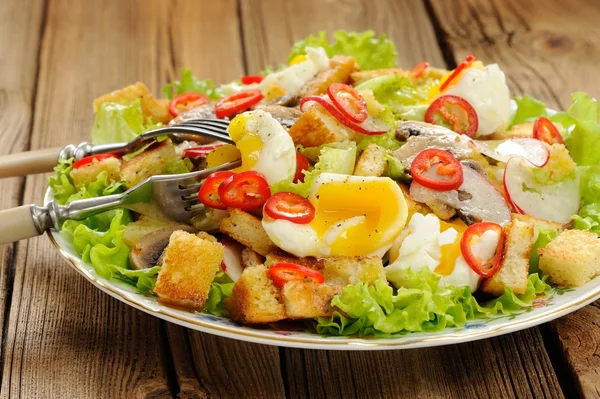Salad Caesar with mushrooms, eggs, chili and radish with two for — Stock Image Salad Caesar with mushrooms, eggs, chili and radish with two for Royalty Free Stock Images