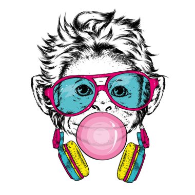 Gözlüklü, kulaklıklı ve sakızlı komik bir maymun. Hayvanlar, kıyafetler ve aksesuarlar. Vektör illüstrasyonu.