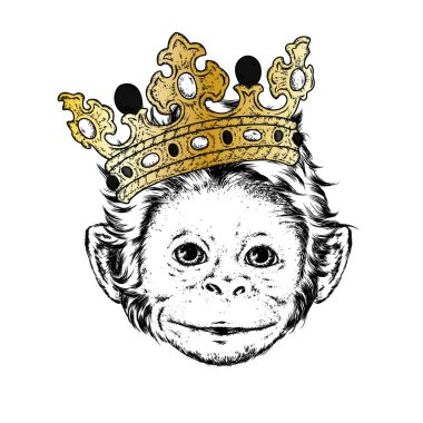 Taç takan komik maymun. Hayvanlar, kıyafetler ve aksesuarlar. Vektör illüstrasyonu.