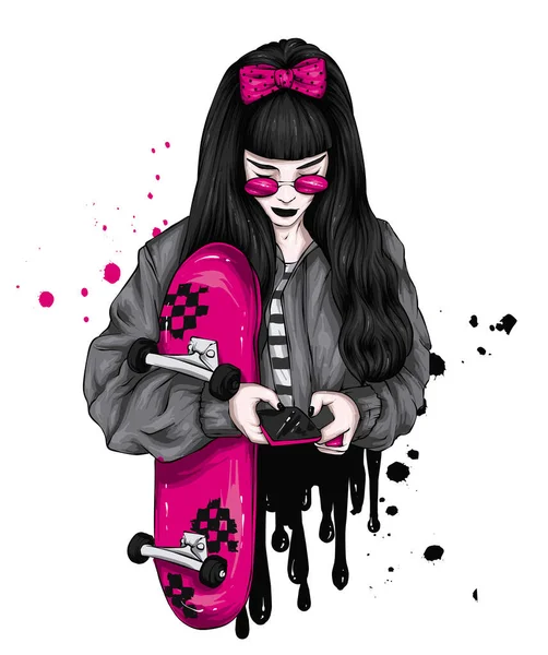 Hermosa Chica Con Ropa Elegante Monopatín Patinador Chico Emo Ilustración — Archivo Imágenes Vectoriales