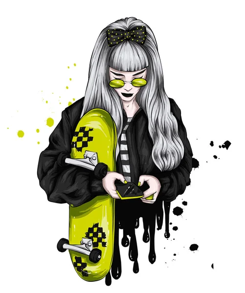 Bella Ragazza Abiti Eleganti Uno Skateboard Pattinatore Ragazzo Emostatico Illustrazione — Vettoriale Stock