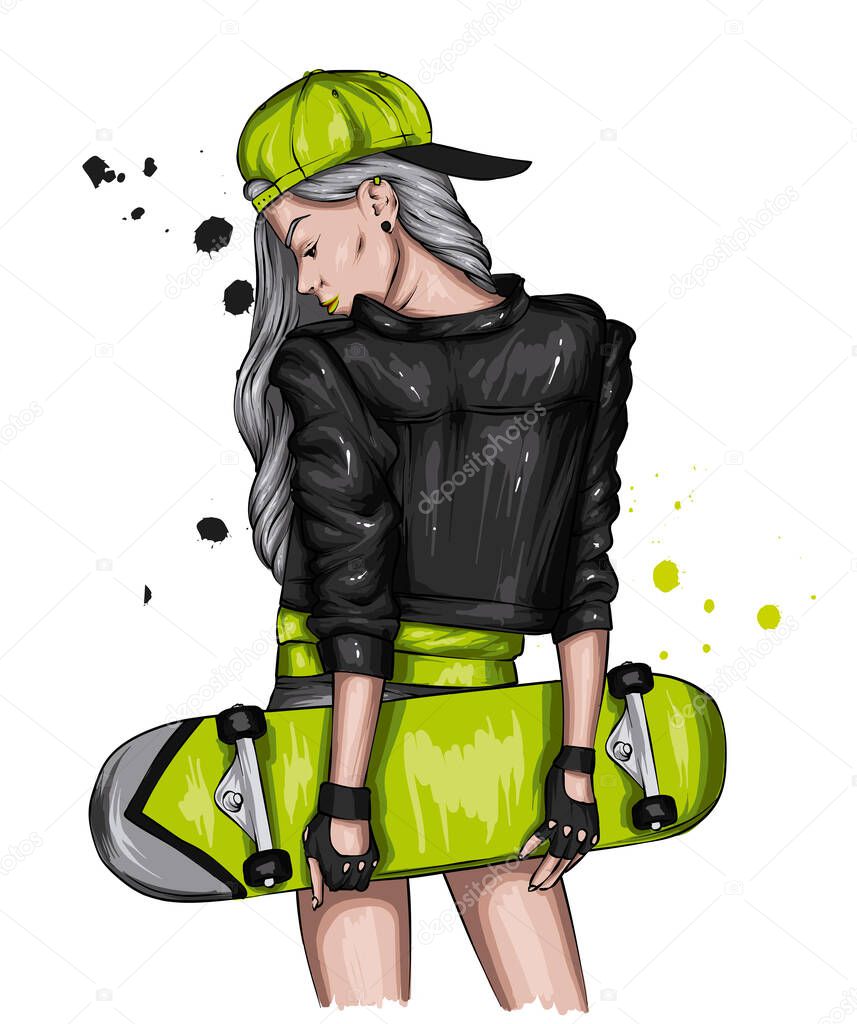 Beautiful girl in stylish clothes and a skateboard. Fashion and style, accessories and sports. Vector illustration.