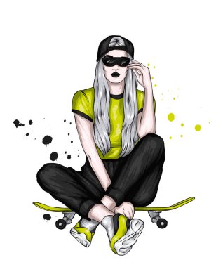 Şık giyinmiş güzel bir kız kaykayın üzerinde oturuyor. Spor ve ekstrem, moda ve tarz. Vektör illüstrasyonu.