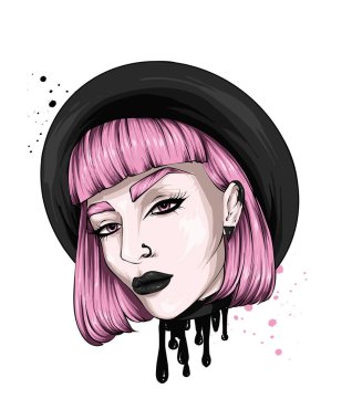 Şık şapkalı güzel kız. Vektör çizimi. Moda, tarz, giysi ve aksesuarlar..