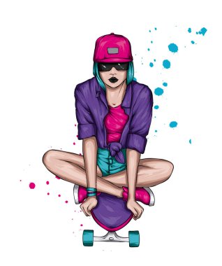 Şık giyinmiş bir kız kaykayın üzerinde oturur. Moda, tarz, spor ve aşırı.