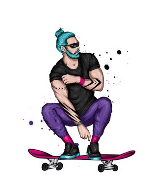 Sakallı ve şık elbiseli kaslı bir adam kaykayın üzerinde oturuyor. Vektör illüstrasyon, moda ve tarz, spor ve aksesuarlar.