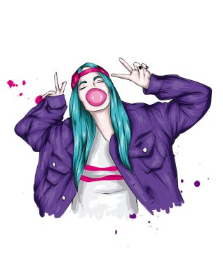 Şık bir ceketi ve şapkası olan sakızlı güzel bir kız. Moda, tarz, giysi ve aksesuarlar. Bir kartpostal ya da poster için resim.