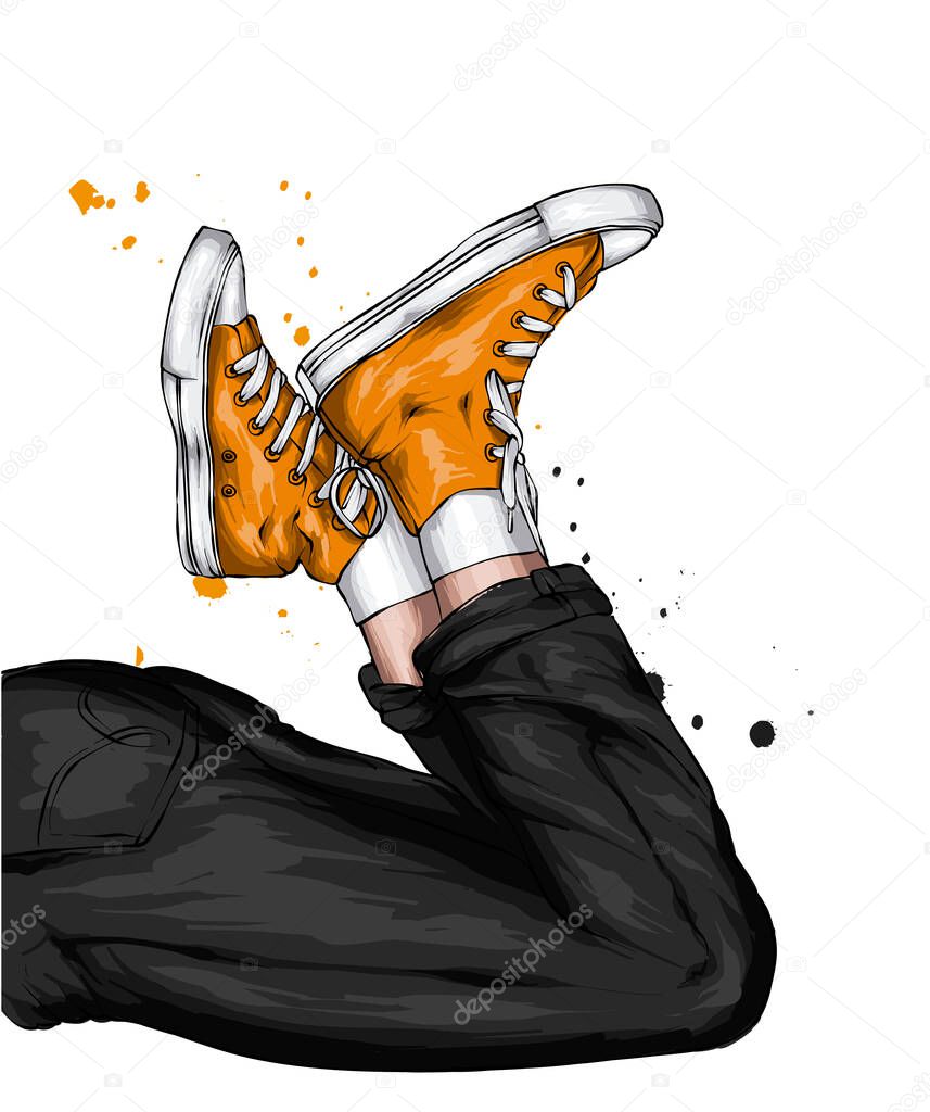 Legs in jeans and stylish sneakers. Clothes and accessories, illustration for a postcard or poster.