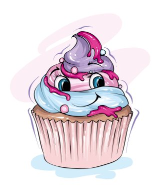 Gözleri ve gülüşü olan komik bir kek. Yiyecek ve tatlılar. Bir kartpostal ya da poster için çocuk çizimi, kıyafetlere baskı.