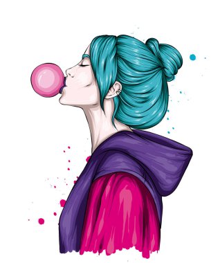 Şık giyinmiş ve sakızlı güzel bir kız. Moda, tarz, giysi ve aksesuarlar..