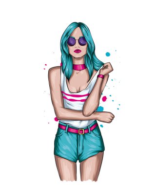 Şort ve bluz giymiş güzel bir kız. Bir kartpostal ya da poster, moda ve tarz çizimi.