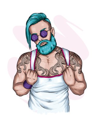 Yakışıklı, kaslı, şık saçlı, sakallı ve dövmeli adam. Hippi. Moda, tarz, giysi ve aksesuarlar..