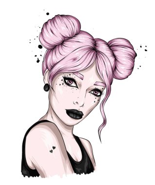 Şık bir saç stili ve makyajı olan güzel bir kızın portresi. Moda ve Tarz.