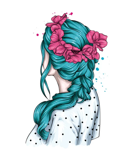 Hermoso Peinado Femenino Una Corona Flores Moda Estilo Ropa Accesorios — Vector de stock