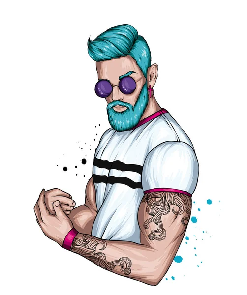 Beau Mec Musclé Avec Des Cheveux Élégants Barbe Tatouages Hipster — Image vectorielle