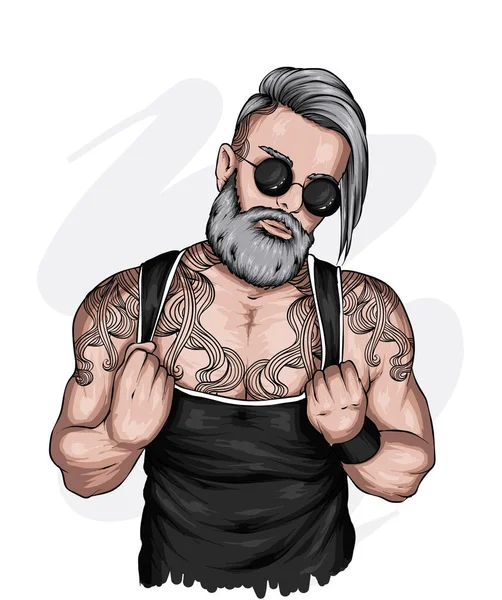 Chico Musculoso Guapo Con Cabello Elegante Barba Tatuajes Hipster Moda — Vector de stock