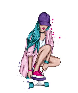 Şık elbiseli ve kaykaylı güzel bir kız.