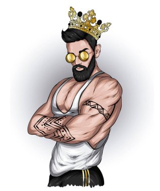 Handsome guy in stylish clothes and crown clipart