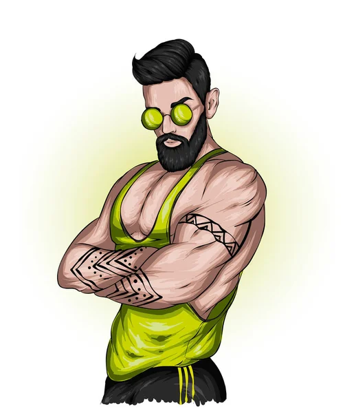 Guapo Musculoso Chico Una Elegante Camiseta Gafas — Vector de stock