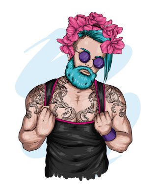 Şık giyinmiş yakışıklı bir adam ve çiçekli bir çelenk. Moda ve tarz, yenilikçi ve dövme.