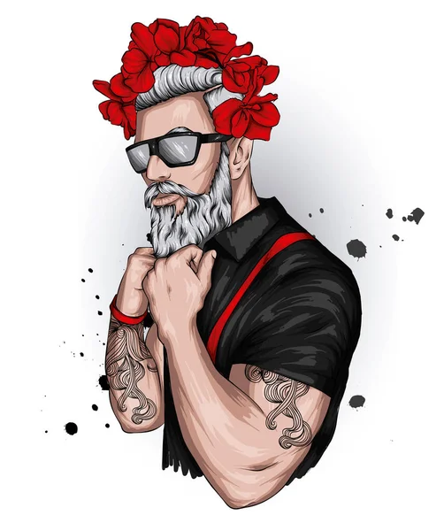 Fešák Stylovém Oblečení Květinovým Věncem Móda Styl Hipster Tetování — Stockový vektor
