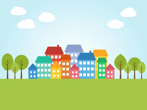 Ciudad con casas de colores — Vector de stock