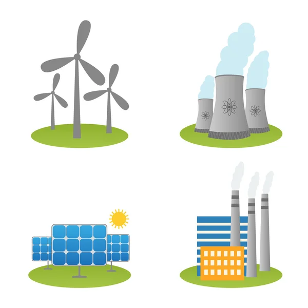 Iconos solares, molinos de viento y centrales nucleares — Vector de stock