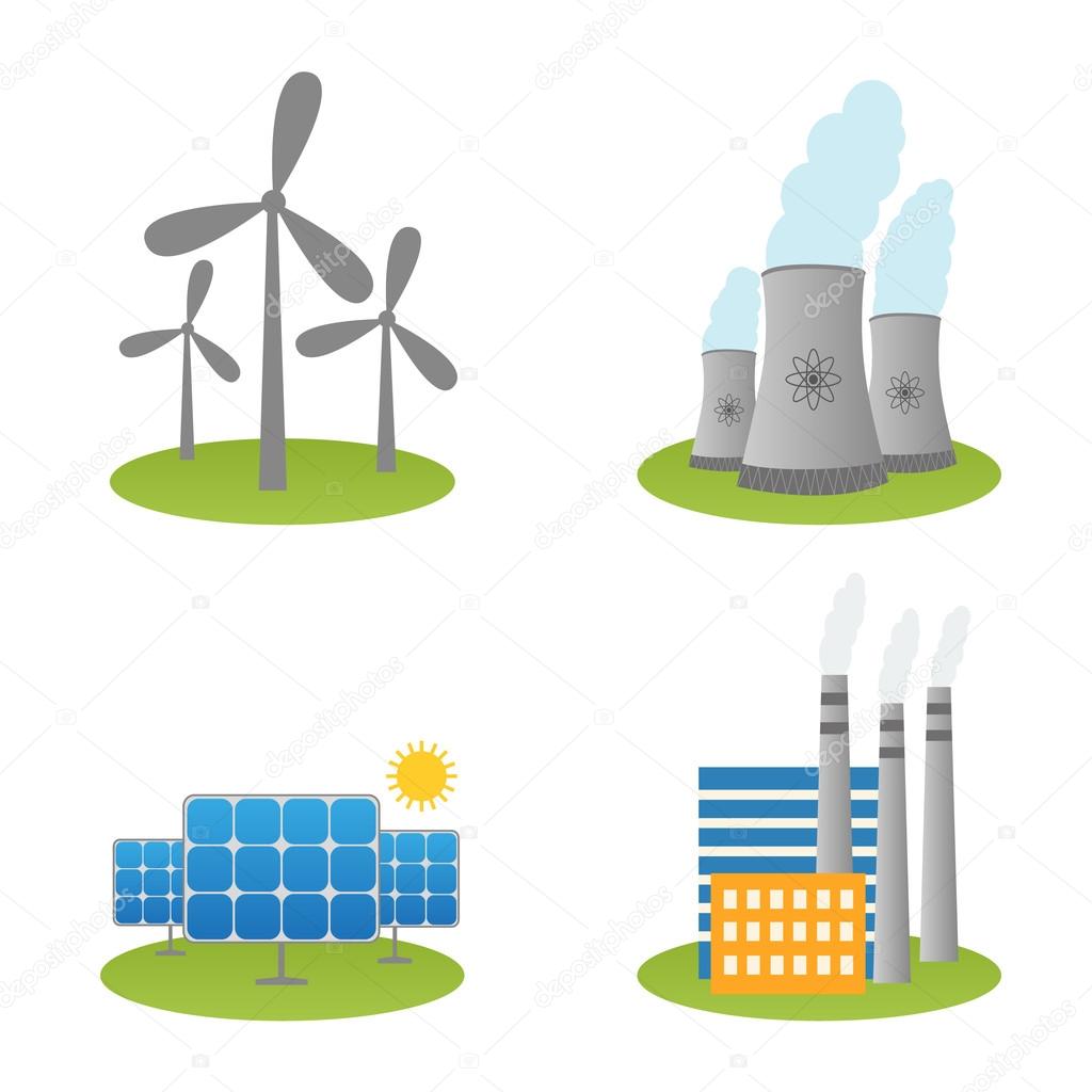 Solar, windmills and nuclear power plants icons
