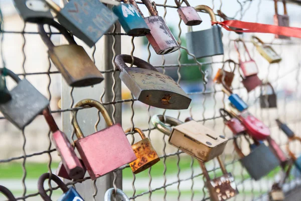 Love padlocks hanging on bridge — Stock Photo, Image