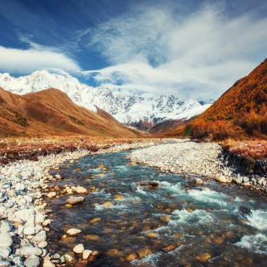 Karlı dağlar ve gürültülü dağ nehir.