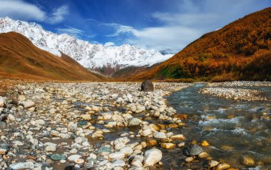 Karlı dağlar ve gürültülü dağ nehir.