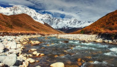 Karlı dağlar ve gürültülü dağ nehir.