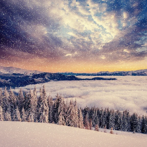 Niebla en las montañas de invierno. Puesta de sol fantástica . —  Fotos de Stock