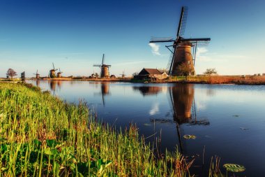 Renkli bahar günü ile geleneksel Hollanda yel değirmenleri kanal 
