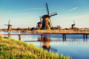 Renkli bahar günü ile geleneksel Hollanda yel değirmenleri kanal 