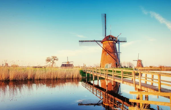 Colorido día de primavera con el tradicional canal de molinos de viento holandés en Ro —  Fotos de Stock