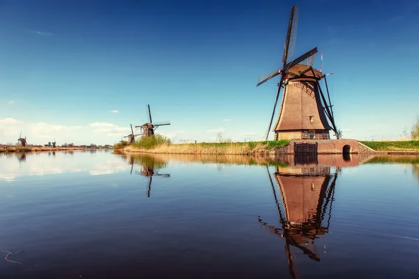 Kleurrijke lente met traditionele windmolens Nederlandse kanaal — Stockfoto