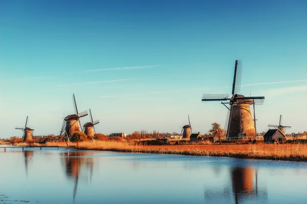 Kleurrijke lente met traditionele windmolens Nederlandse kanaal — Stockfoto