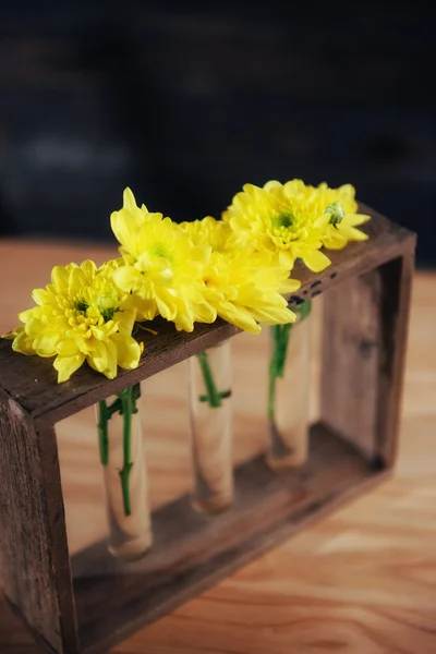 Marguerites Jaune Vif Dans Vase Verre Sur Une Épée Bois — Photo