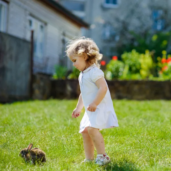 Kind met een konijn op het gras — Stockfoto