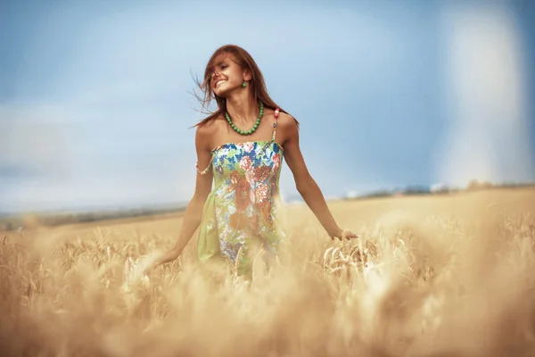 Девушка на пшеничном лугу — стоковое фото