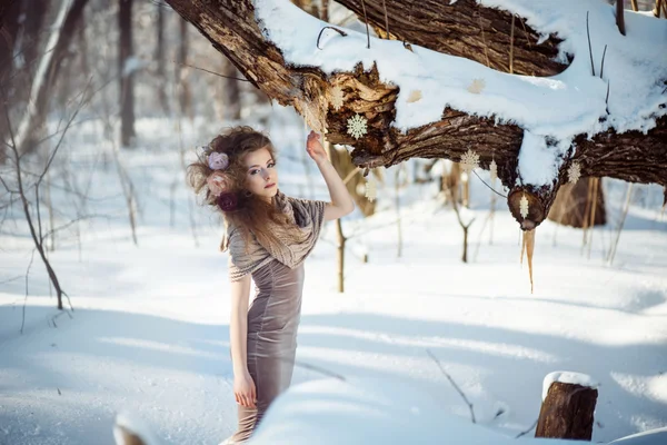 Beautiful girl in the winter forest — Stock Photo, Image