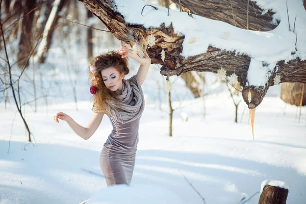 Belle fille dans la forêt d'hiver — Photo