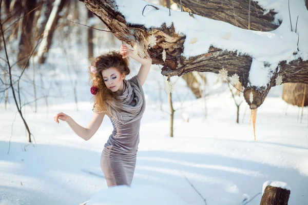 Hermosa chica en el bosque de invierno — Foto de Stock